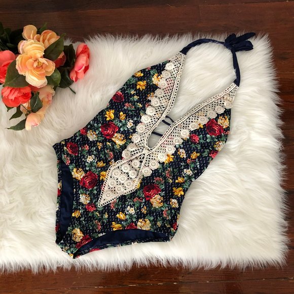 Mossimo Supply Co. Other - Mossimo Navy Floral Lace Deep V One Piece NWOT